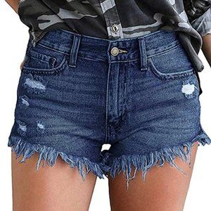 Mid-Rise Distressed Jean Shorts with Frayed Hems